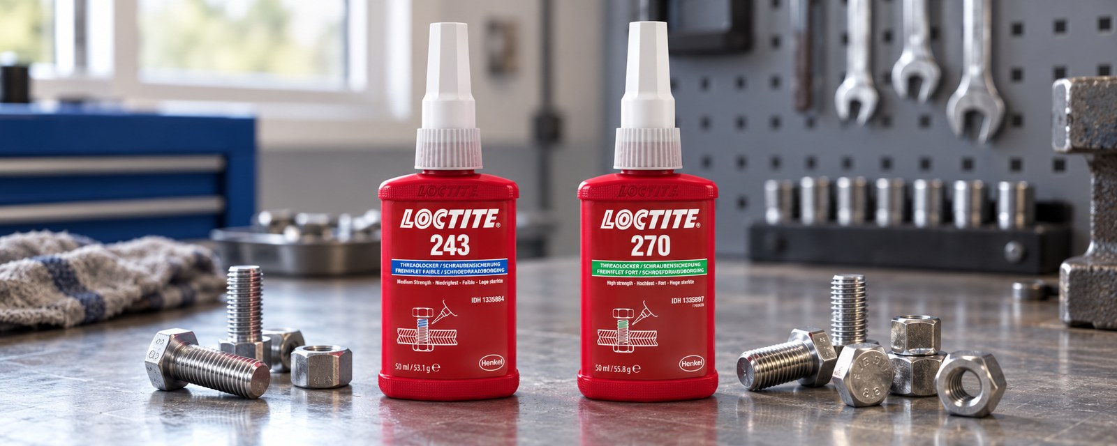 Флаконы фиксаторов резьбы LOCTITE 243 и LOCTITE 270 объёмом 50 мл рядом с болтами и гайками
